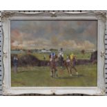 Reginald Llewellyn Harvey - Horses and Jockeys in a Steeplechase, 20th century oil on canvas,