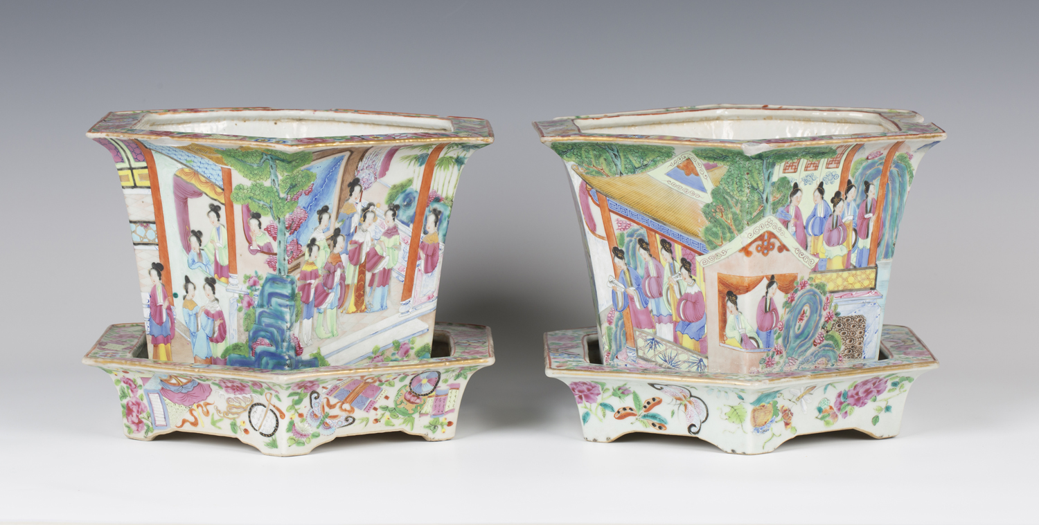 A pair of Chinese Canton famille rose porcelain hexagonal jardinières and stands, mid-19th