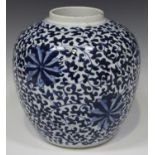 A Chinese blue and white porcelain ginger jar, mark of Kangxi but late 19th century, the ovoid