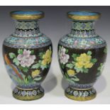A pair of Chinese cloisonné vases, mid to late 20th century, each ovoid body decorated with birds