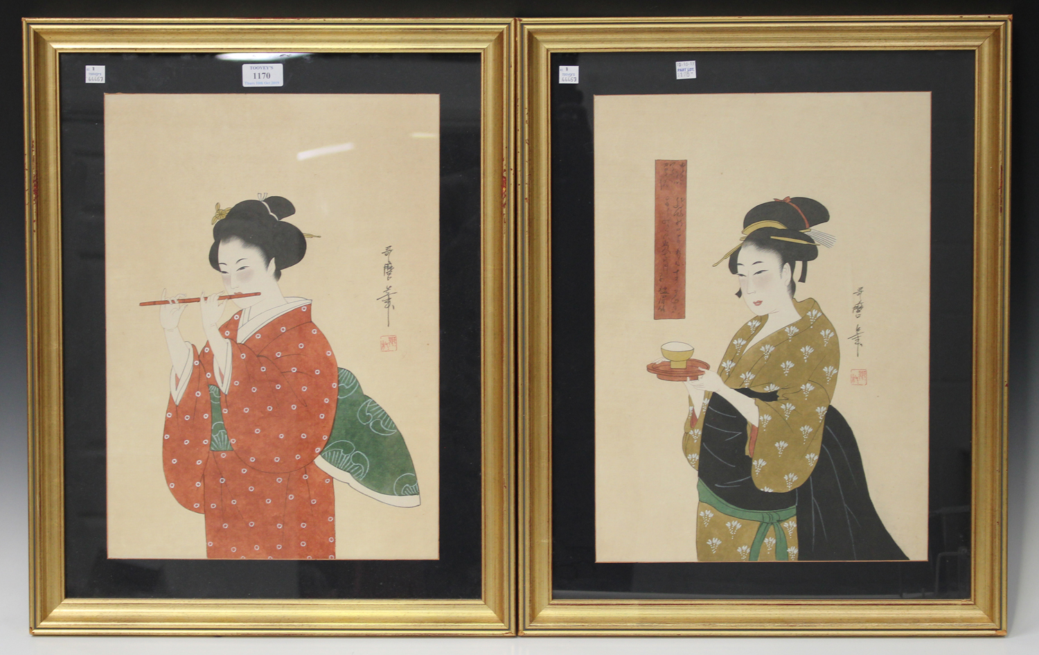 After Kitagawa Utamaro - a pair of hand coloured prints, 20th century, depicting half-length studies