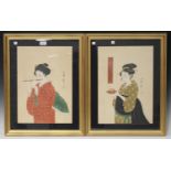 After Kitagawa Utamaro - a pair of hand coloured prints, 20th century, depicting half-length studies