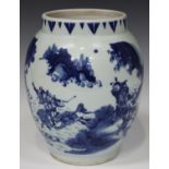 A Chinese Transitional style blue and white porcelain jar, probably 20th century, of ovoid form,