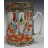 A Chinese Canton famille rose tankard, late 19th century, the cylindrical body painted with opposing