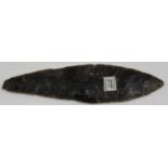 A Danish Neolithic flint dagger, bearing 'F.S. Clark Collection' label and detailed 'Denmark',