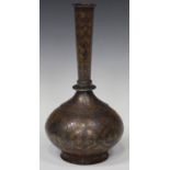A Persian damascened steel bottle vase, probably Qajar, 19th century, the compressed globular body