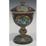 A Chinese cloisonné goblet and cover, 20th century, decorated with opposing panels of deer and crane