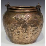 A Chinese copper bowl with swing handle, late Qing dynasty, the ovoid body engraved with figural and