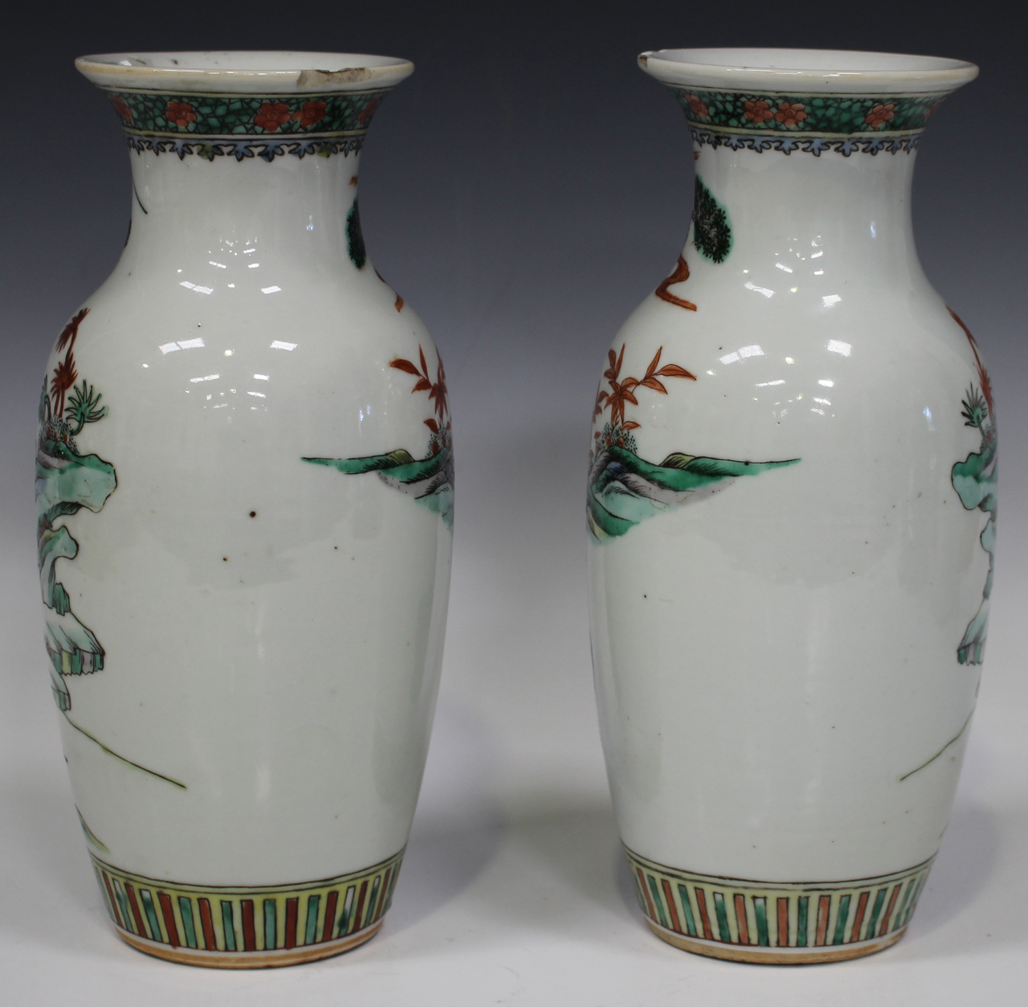 A pair of Chinese famille verte porcelain vases, late 19th/early 20th century, each shouldered - Image 7 of 7