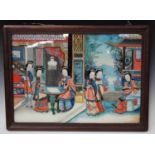 A Chinese reverse painting on glass, late Qing dynasty, depicting six maidens in an interior