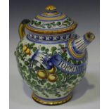 A maiolica wet drug jar and cover, late 19th/early 20th century, the ovoid body profusely