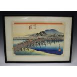 After Utagawa Hiroshige - a Japanese print, 20th century, depicting the Tenshin Bridge, Okazaki,