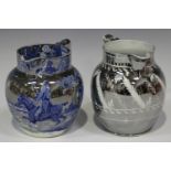 A pearlware silver-resist lustre jug, circa 1810-20, printed in blue with huntsmen, height 11.5cm,