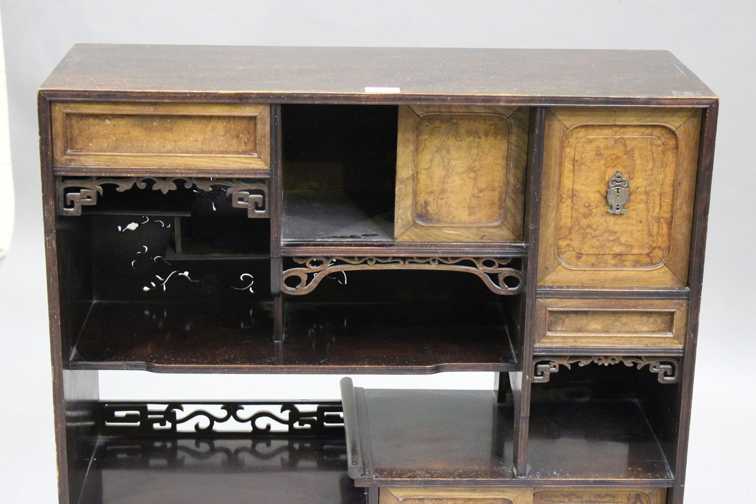 A Japanese hardwood display shelf, Meiji period, the rectangular top above an arrangement of - Image 3 of 3