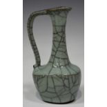 A Chinese Guan-type celadon crackle glazed ewer, Song style but later, the bluish grey glaze covered