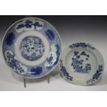 A Chinese blue and white export porcelain soup plate, Qianlong period, painted with peonies, rocks