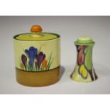 A Clarice Cliff Newport pottery Bizarre Autumn Crocus pattern cylindrical preserve pot and cover,