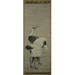 A Japanese hanging scroll painting, Meiji period, depicting three red-capped cranes, black painted