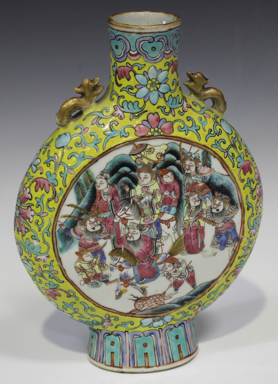 A Chinese famille rose enamelled yellow ground porcelain moonflask, mark of Tongzhi and possibly