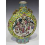 A Chinese famille rose enamelled yellow ground porcelain moonflask, mark of Tongzhi and possibly