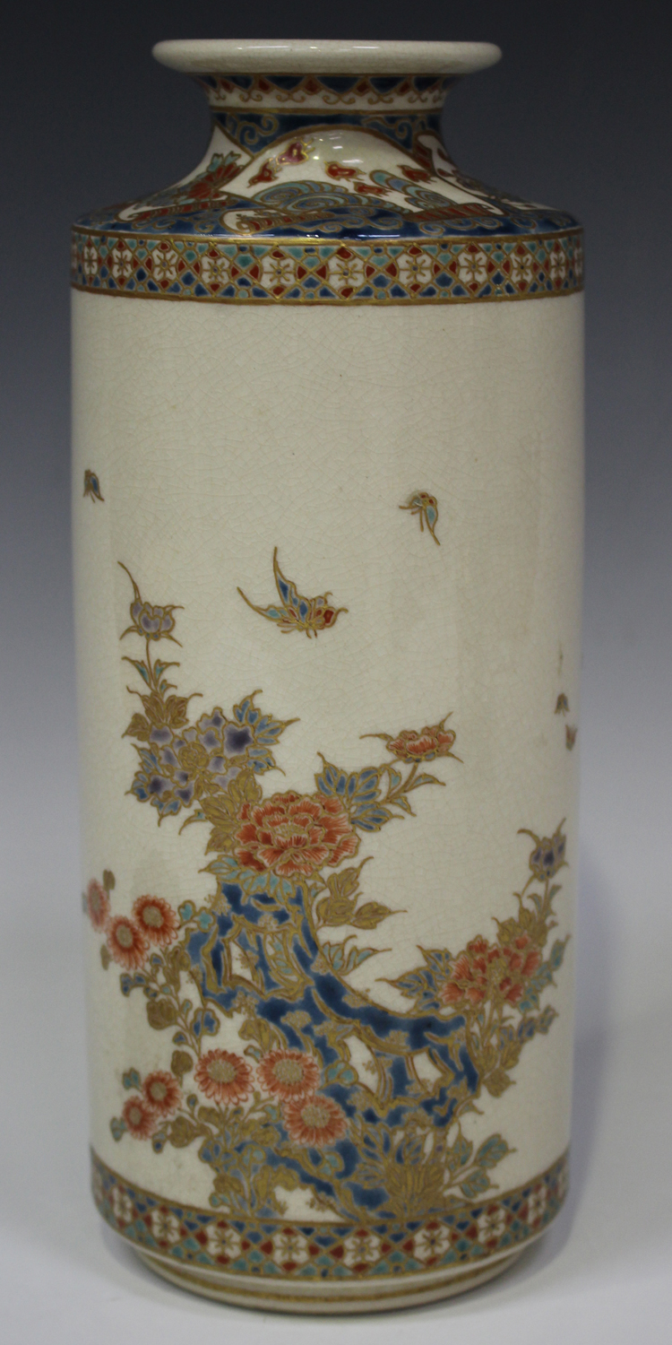 A Japanese Satsuma earthenware cylinder vase, Meiji period, thickly enamelled and gilt with a ho-o - Image 6 of 8