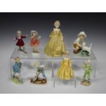 Eight Royal Worcester bone china Freda Doughty figures, comprising 'Gardener', 'Little Parakeet', '