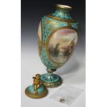 A Copeland turquoise ground porcelain vase and cover, second half 19th century, the ovoid body