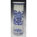 A Chinese blue and white porcelain cylinder vase, mark of Kangxi but late 19th century, painted with