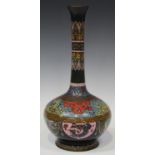 A Japanese cloisonné bottle vase, Meiji period, decorated with polychrome panels of alternating ho-o