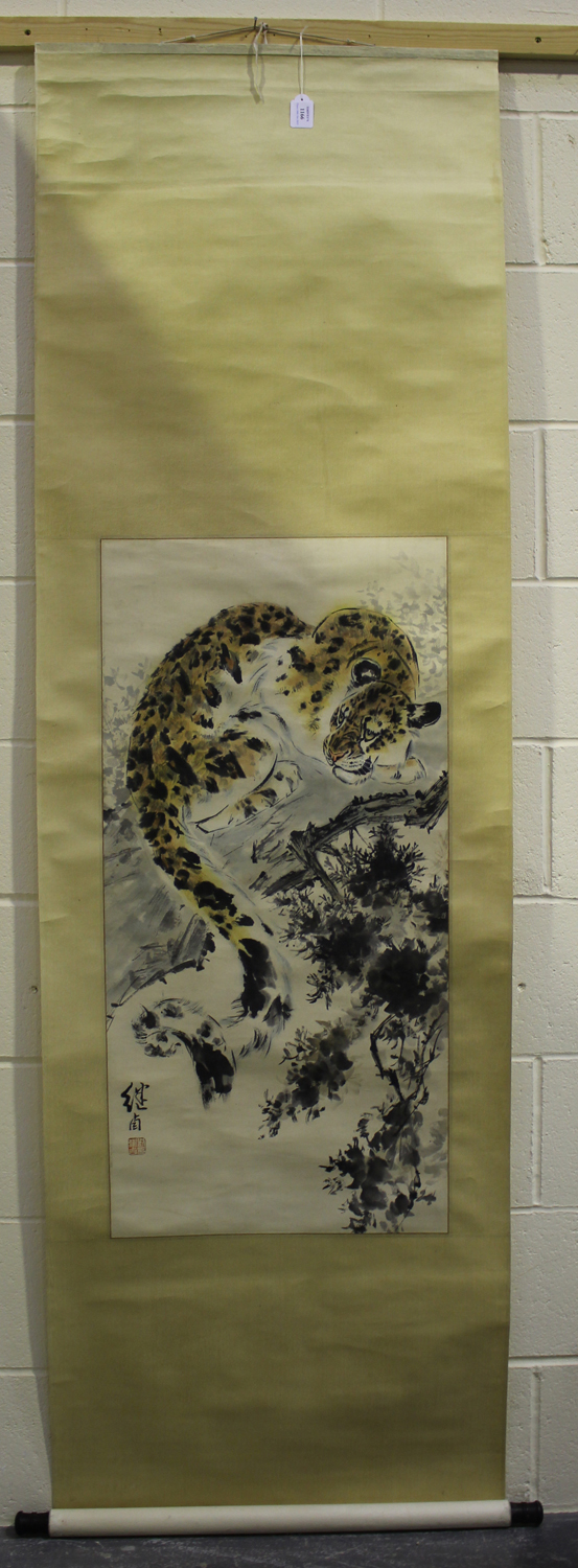 A Chinese hanging scroll painting, 20th century, depicting a leopard resting on a tree branch, black - Image 3 of 3