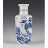 A Chinese blue and white porcelain rouleau vase, Kangxi style but late 19th century, the body