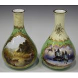 Two similar Coalport porcelain green ground bottle vases, 20th century, one painted by Malcolm