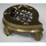 A Chinese polished bronze censer stand, late Qing dynasty, of peach outline, the centre pierced