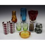 A group of Whitefriars and other decorative glassware, including a ruby tooth vase, height 18.5cm, a