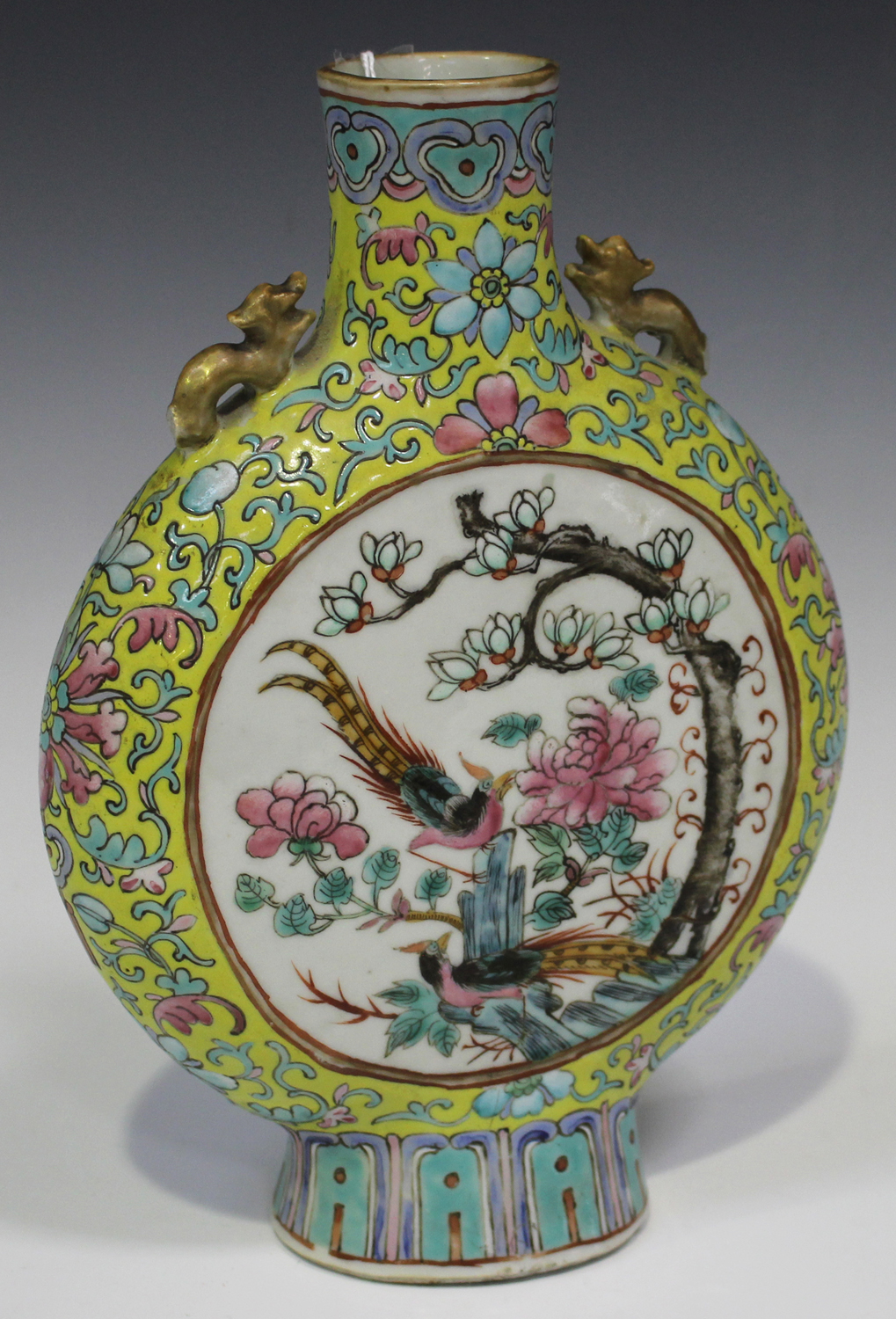 A Chinese famille rose enamelled yellow ground porcelain moonflask, mark of Tongzhi and possibly - Image 4 of 4