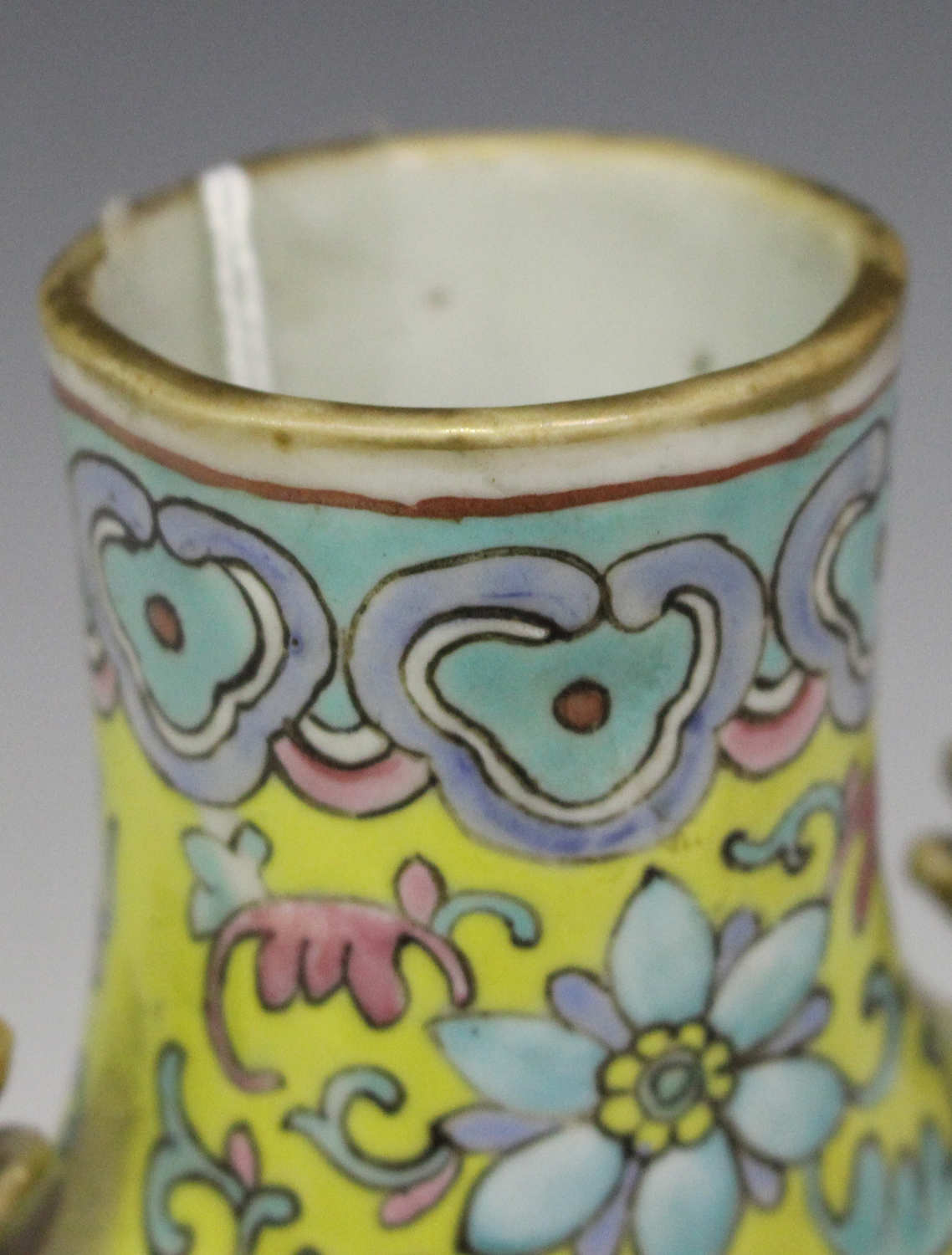 A Chinese famille rose enamelled yellow ground porcelain moonflask, mark of Tongzhi and possibly - Image 3 of 4