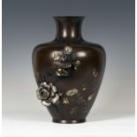 An impressive Japanese brown patinated bronze and mixed metal inlaid vase, Meiji period, of