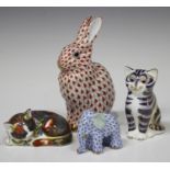 A Herend porcelain rabbit with red scale body, blue printed mark to base, height 13.5cm, a similar