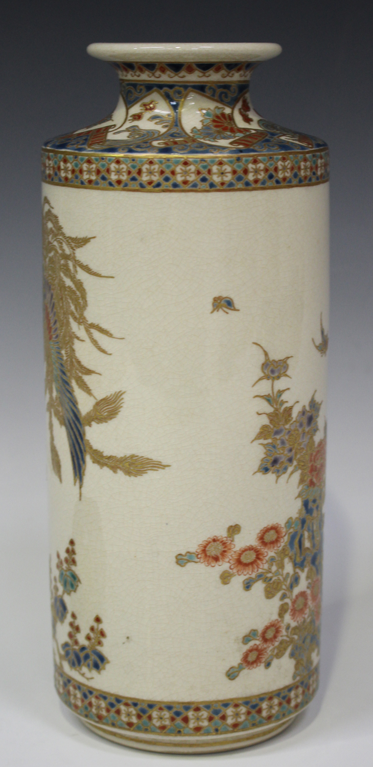 A Japanese Satsuma earthenware cylinder vase, Meiji period, thickly enamelled and gilt with a ho-o - Image 7 of 8