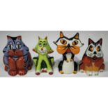 Four Old Ellgreave Pottery Lorna Bailey designed comical cats, height of tallest 14.5cm.Buyer’s