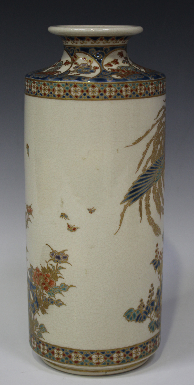 A Japanese Satsuma earthenware cylinder vase, Meiji period, thickly enamelled and gilt with a ho-o - Image 5 of 8