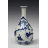 A Chinese blue and white porcelain bottle vase, Qing dynasty, the pear form body painted with