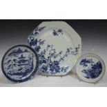 A Chinese blue and white export porcelain octagonal dish, 18th century, painted with pine and prunus