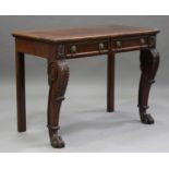 A 19th century mahogany console table, fitted with two frieze drawers, raised on carved scroll