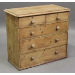 A Victorian pine chest of two short and three long drawers, height 86cm, width 76cm, depth 48cm (
