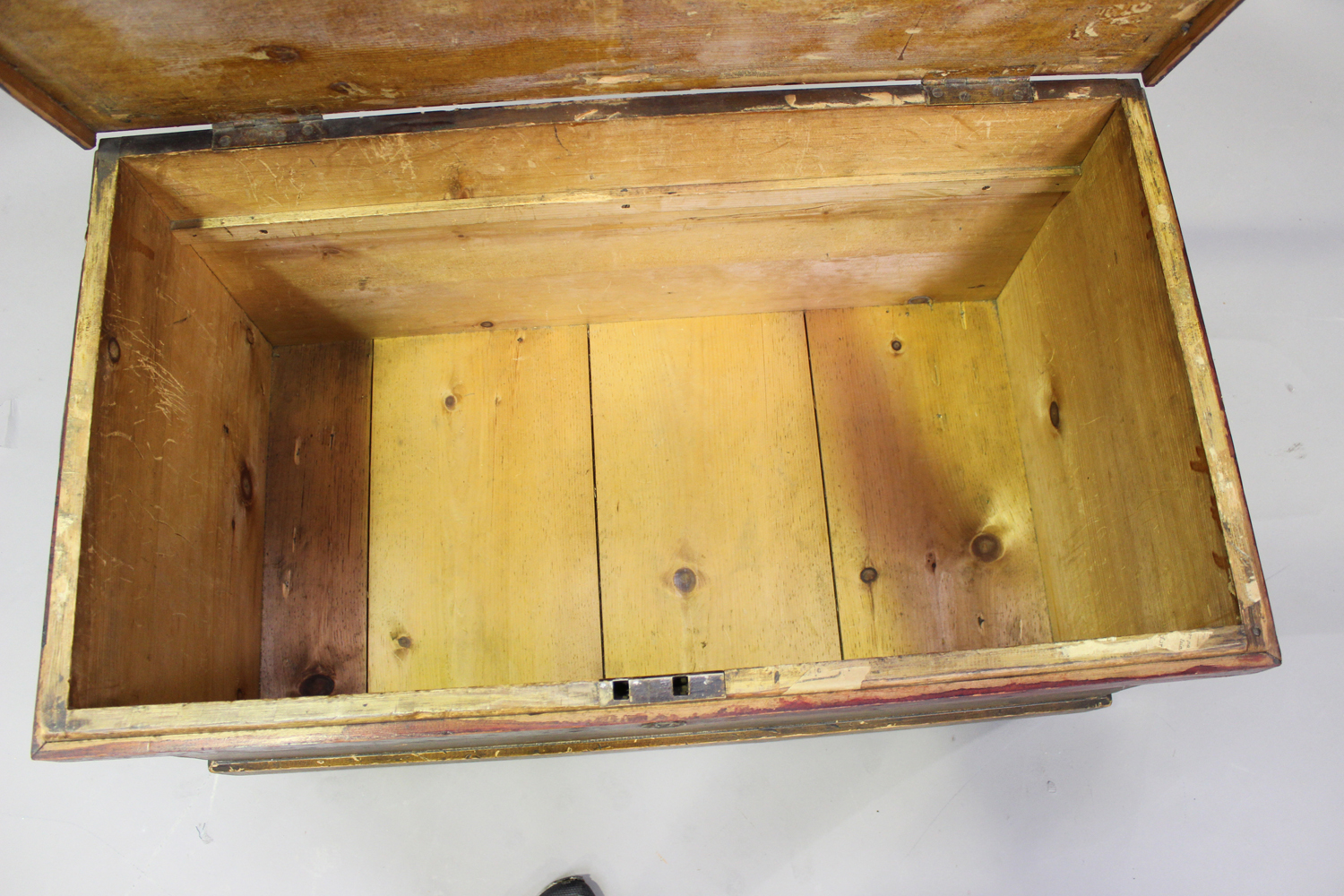 A 19th century stained pine seaman's chest, the sides fitted with rope carrying handles, height - Image 2 of 2