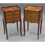 A pair of 20th century French kingwood bedside chests of three drawers with marquetry inlaid