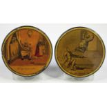 A 19th century French papier-mâché circular snuff box, the lid printed with an amusing scene, titled