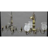 A late Victorian brass three light chandelier with later frosted glass shades, height 42cm, together