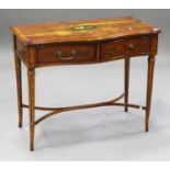 A 20th century yew serpentine fronted side table with painted decoration, fitted with two frieze